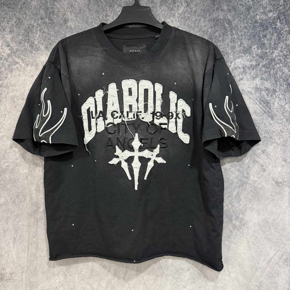 PacSun Mens Medium Black Graphic T Shirt City of Angels Flame Sleeves Diabolic